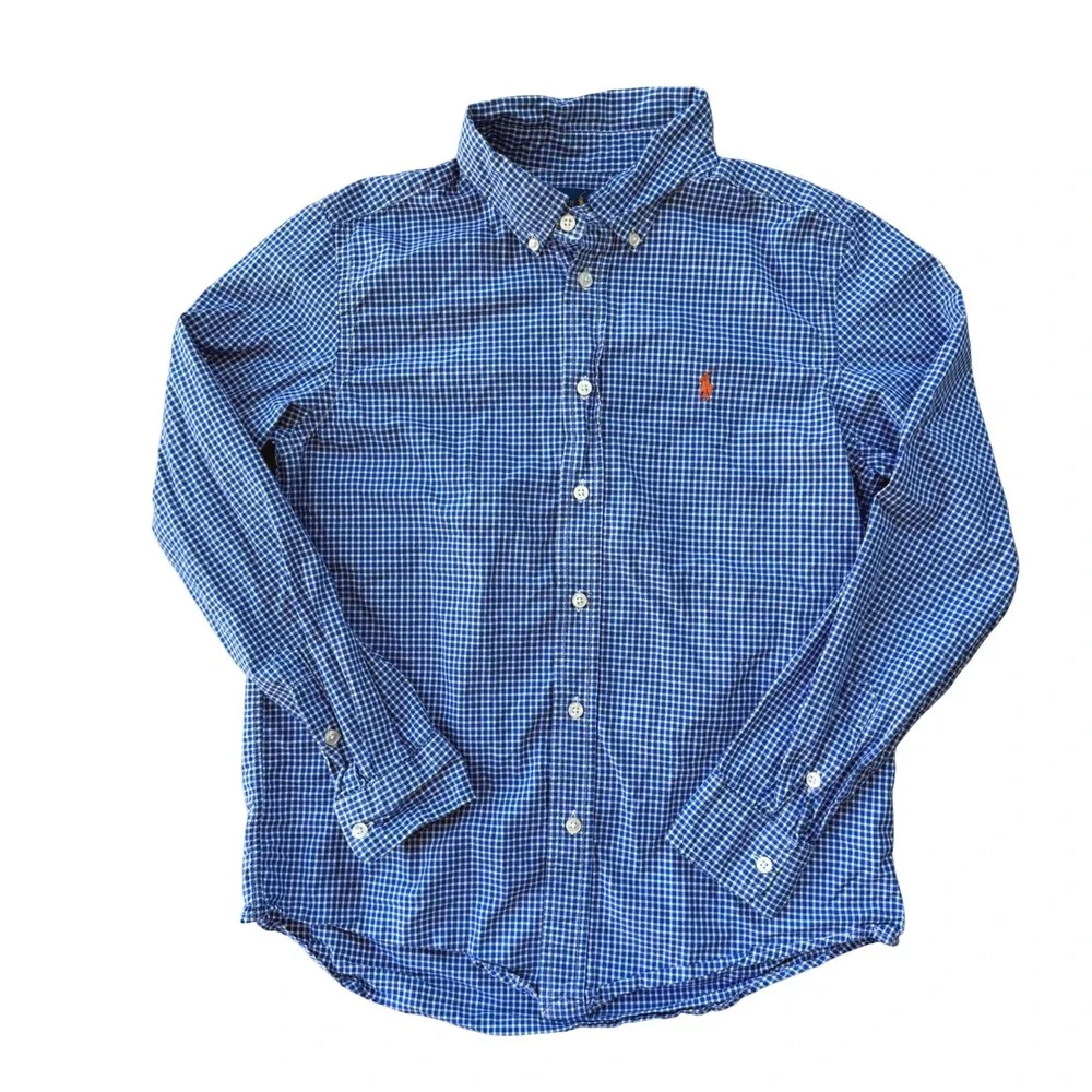 Ralph Lauren Boys Blue Gingham Button Down Shirt Large 14-16 Orange Pony Logo